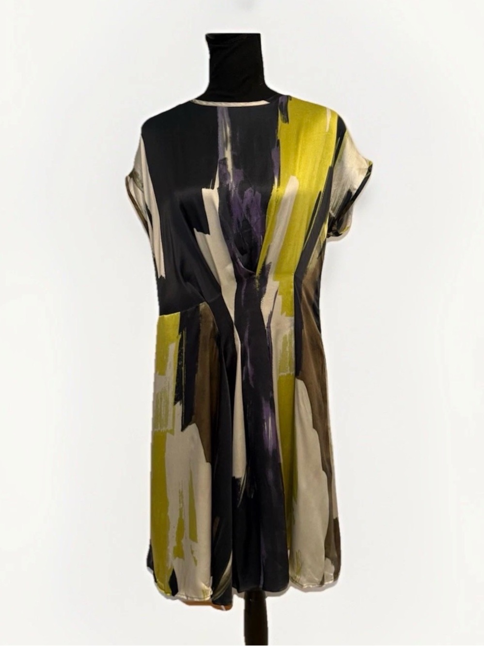 Abstract Brushstroke Midi Dress in Olive, Black & Cream